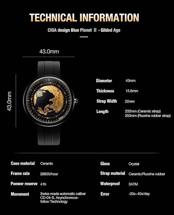 CIGA Design Mechanical Automatic Watch U Series Blue Planet Ⅱ·Gilded Age, 43MM, Sapphire Crystal Ceramics Strap Watches Gifts for Men and Women