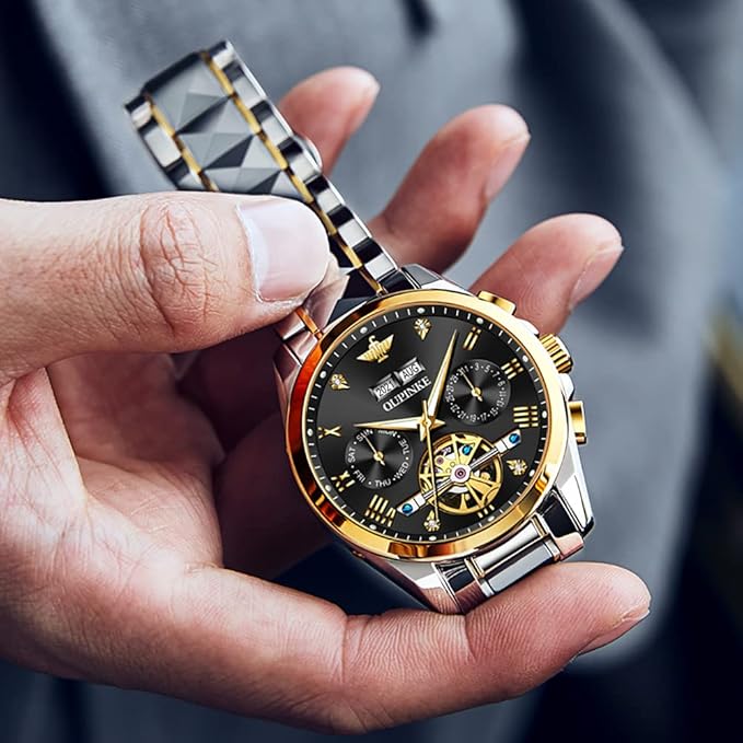 OUPINKE Automatic Men's Watches Luxury Fashion Cool Hollow Design Skeleton Self Winding Mechanical Mens Wrist Watch Two Tone Tungsten Steel Watches Business Dress Waterproof