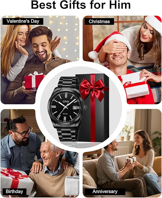 CIVO Mens Watches Stainless Steel: Silver Analog Classic Date Wrist Watch for Men - Waterproof Quartz Watches Fashion Gifts