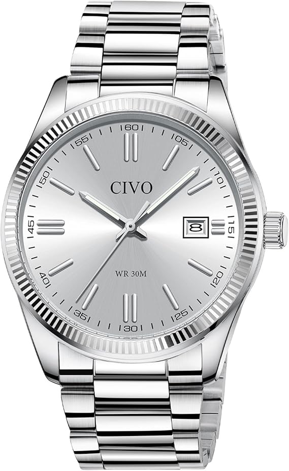CIVO Mens Watches Stainless Steel: Silver Analog Classic Date Wrist Watch for Men - Waterproof Quartz Watches Fashion Gifts