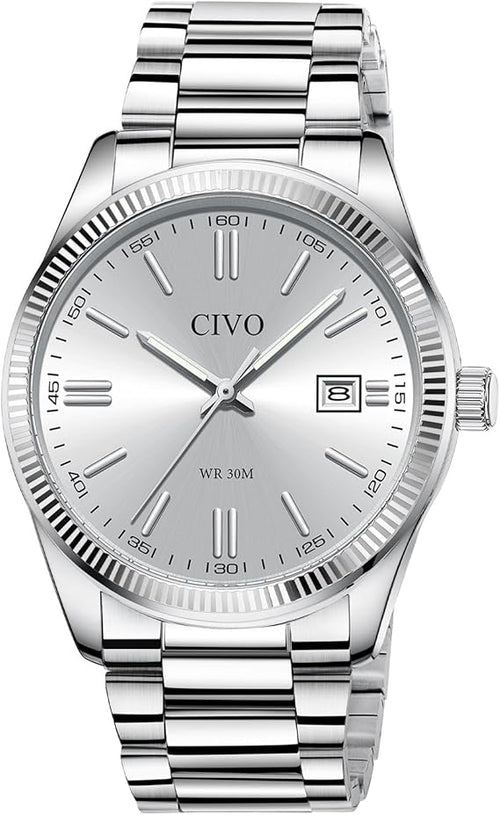 CIVO Mens Watches Stainless Steel: Silver Analog Classic Date Wrist Watch for Men - Waterproof Quartz Watches Fashion Gifts