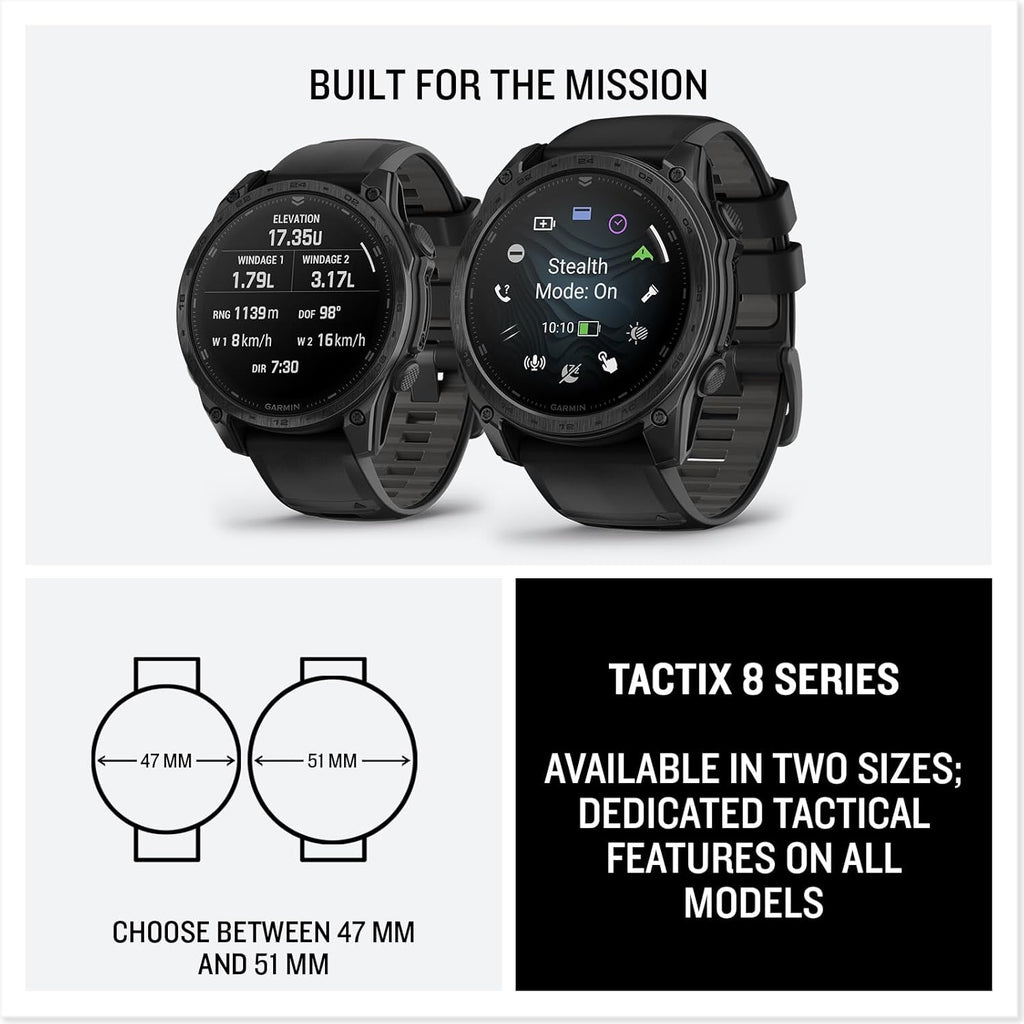 Garmin tactix® 8 47mm, AMOLED Display, Premium Tactical GPS Smartwatch, Includes Applied Ballistics Ultralight™ Solver