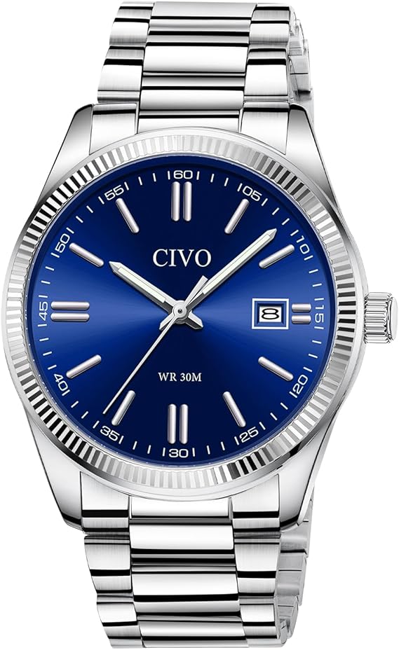 CIVO Mens Watches Stainless Steel: Silver Analog Classic Date Wrist Watch for Men - Waterproof Quartz Watches Fashion Gifts