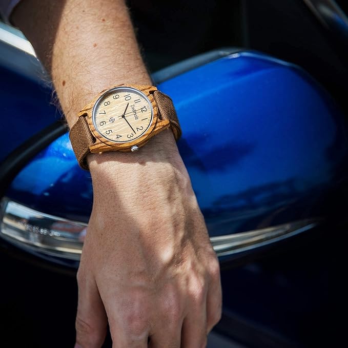 Unisex Wooden Watch - Altenberg Model, Handmade from 100% Natural Zebrawood with Quartz Movement - Lightweight Analog Wooden Watch for Men and Women - Adjustable Band Fits any Wrist