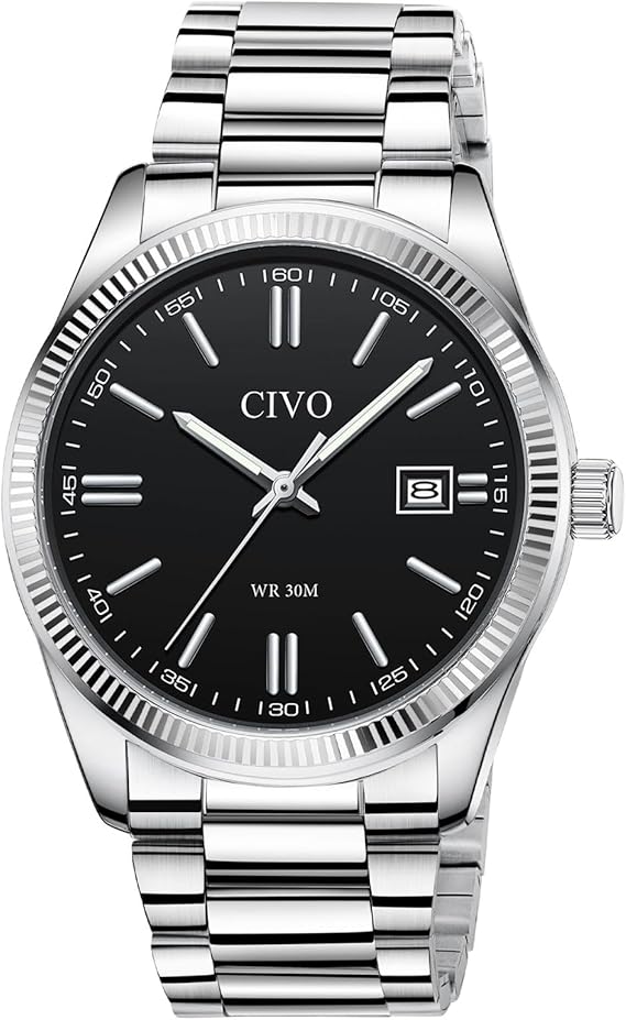 CIVO Mens Watches Stainless Steel: Silver Analog Classic Date Wrist Watch for Men - Waterproof Quartz Watches Fashion Gifts