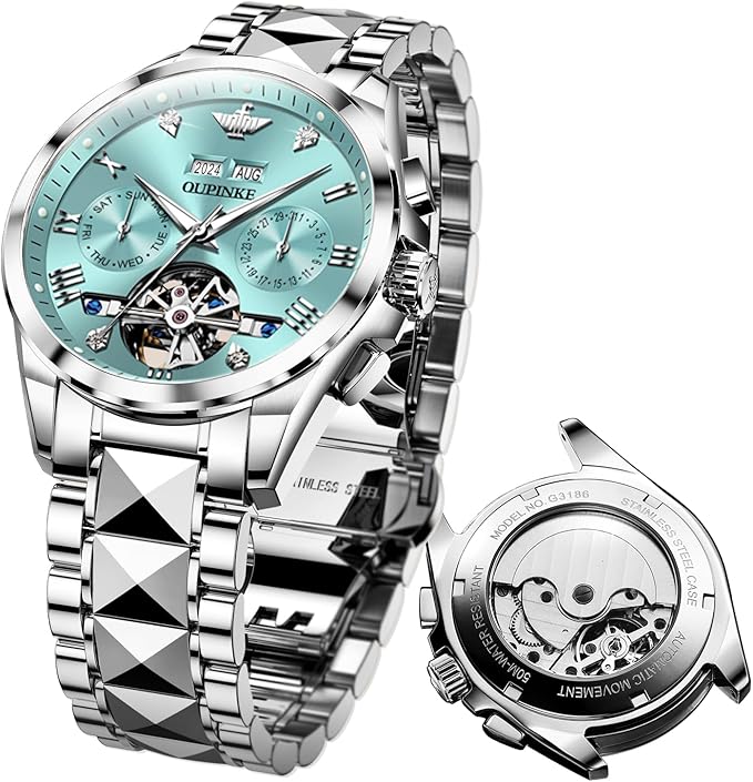 OUPINKE Automatic Men's Watches Luxury Fashion Cool Hollow Design Skeleton Self Winding Mechanical Mens Wrist Watch Two Tone Tungsten Steel Watches Business Dress Waterproof