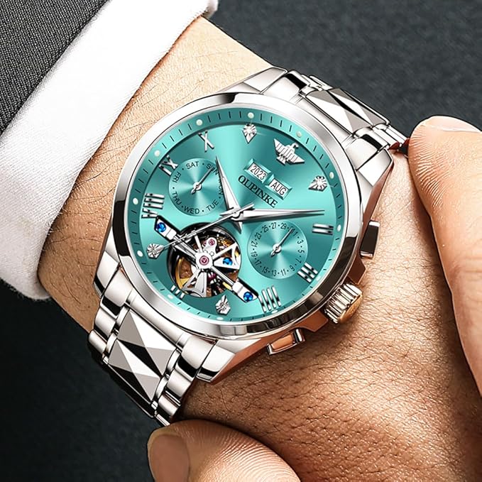OUPINKE Automatic Men's Watches Luxury Fashion Cool Hollow Design Skeleton Self Winding Mechanical Mens Wrist Watch Two Tone Tungsten Steel Watches Business Dress Waterproof