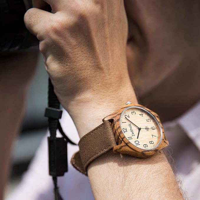 Unisex Wooden Watch - Altenberg Model, Handmade from 100% Natural Zebrawood with Quartz Movement - Lightweight Analog Wooden Watch for Men and Women - Adjustable Band Fits any Wrist