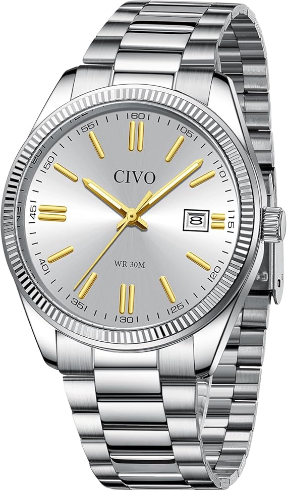 CIVO Mens Watches Stainless Steel: Silver Analog Classic Date Wrist Watch for Men - Waterproof Quartz Watches Fashion Gifts