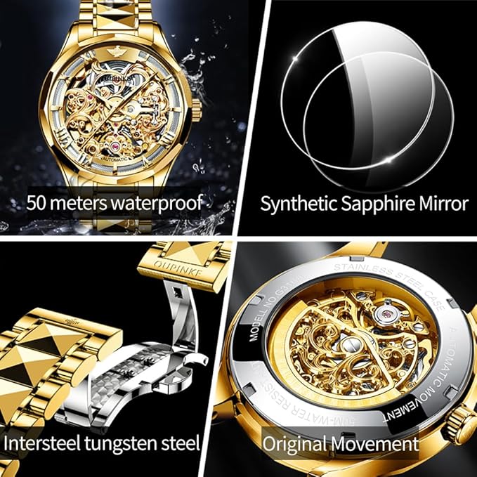 OUPINKE Automatic Men's Watches Luxury Fashion Cool Hollow Design Skeleton Self Winding Mechanical Mens Wrist Watch Two Tone Tungsten Steel Watches Business Dress Waterproof