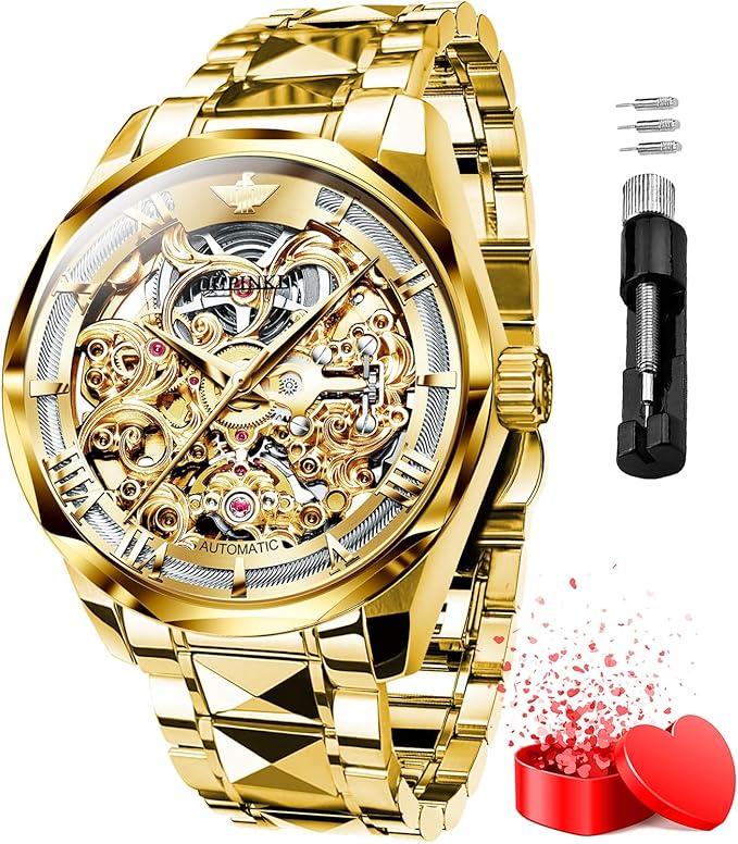 OUPINKE Automatic Men's Watches Luxury Fashion Cool Hollow Design Skeleton Self Winding Mechanical Mens Wrist Watch Two Tone Tungsten Steel Watches Business Dress Waterproof