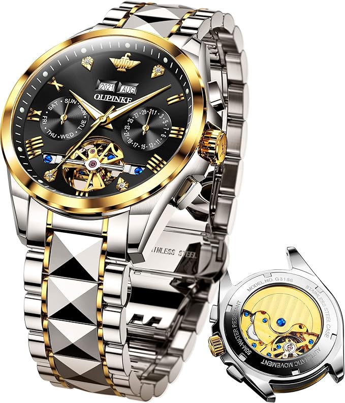 OUPINKE Automatic Men's Watches Luxury Fashion Cool Hollow Design Skeleton Self Winding Mechanical Mens Wrist Watch Two Tone Tungsten Steel Watches Business Dress Waterproof