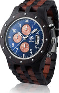 Wood Watches for Men, Wooden Watch, Gifts, Chronograph Watch, Geising 44mm, 100% Natural Wood with Japanese Quartz Movement. (Blue)