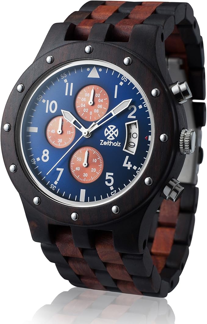 Wood Watches for Men, Wooden Watch, Gifts, Chronograph Watch, Geising 44mm, 100% Natural Wood with Japanese Quartz Movement. (Blue)