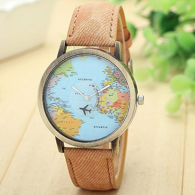 Unisex Retro Bronze Case Global Travel by Plane World Map PU Leather Band Quartz Watch