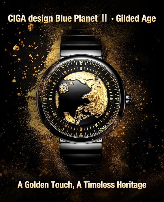CIGA Design Mechanical Automatic Watch U Series Blue Planet Ⅱ·Gilded Age, 43MM, Sapphire Crystal Ceramics Strap Watches Gifts for Men and Women