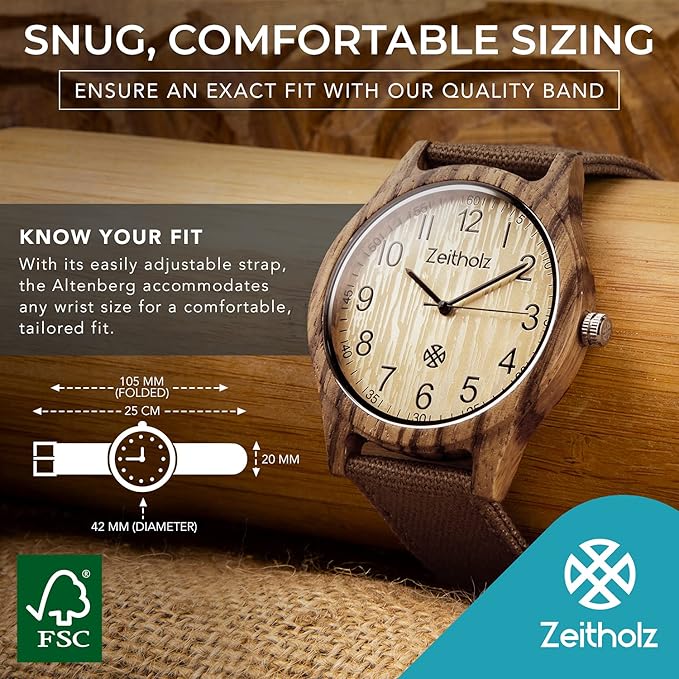Unisex Wooden Watch - Altenberg Model, Handmade from 100% Natural Zebrawood with Quartz Movement - Lightweight Analog Wooden Watch for Men and Women - Adjustable Band Fits any Wrist