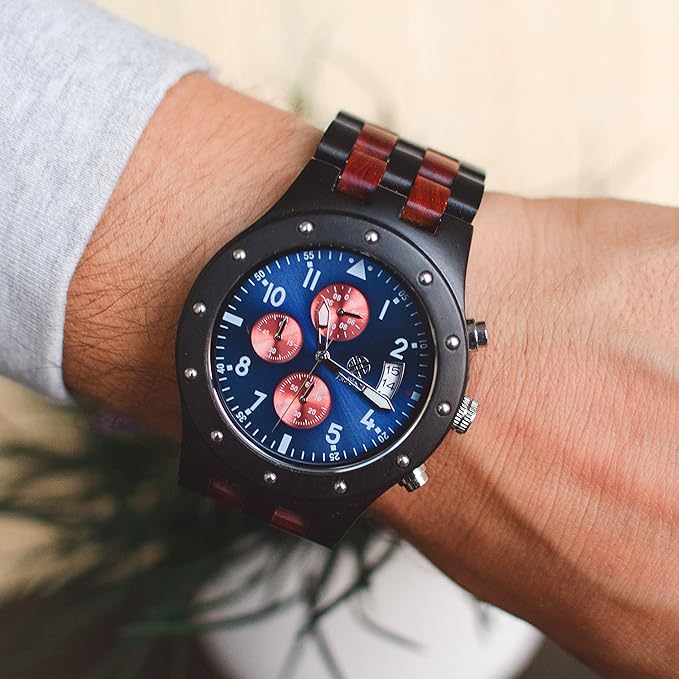 Wood Watches for Men, Wooden Watch, Gifts, Chronograph Watch, Geising 44mm, 100% Natural Wood with Japanese Quartz Movement. (Blue)