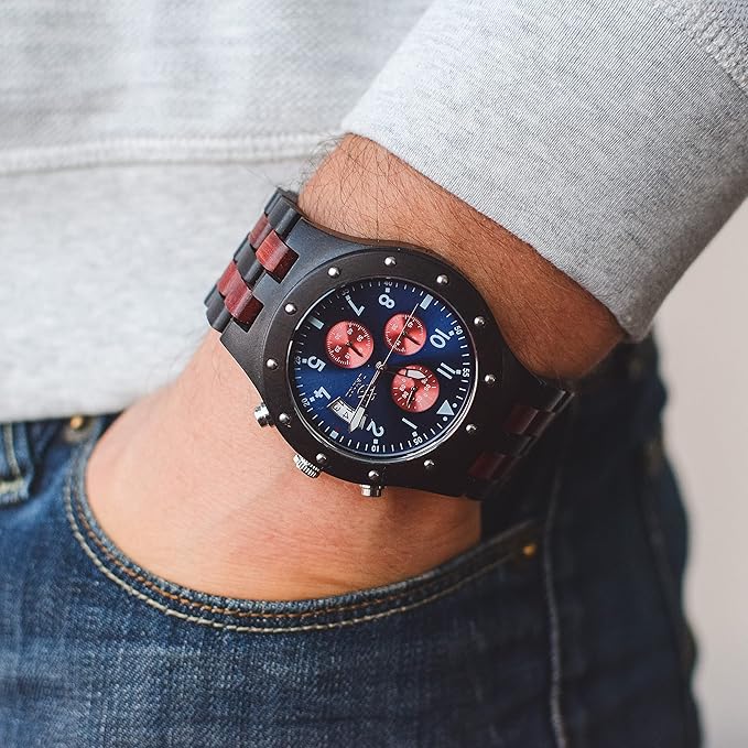 Wood Watches for Men, Wooden Watch, Gifts, Chronograph Watch, Geising 44mm, 100% Natural Wood with Japanese Quartz Movement. (Blue)