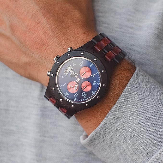 Wood Watches for Men, Wooden Watch, Gifts, Chronograph Watch, Geising 44mm, 100% Natural Wood with Japanese Quartz Movement. (Blue)
